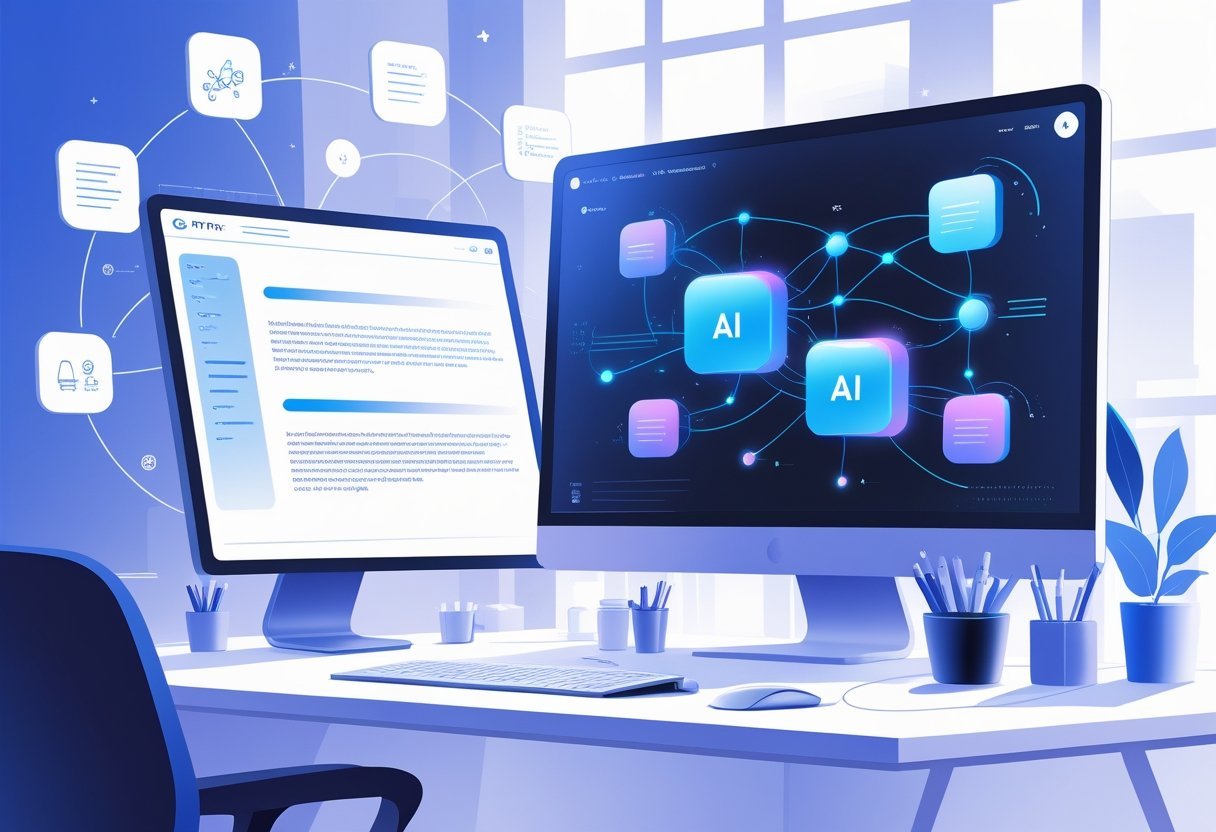 A modern workspace with a computer displaying abstract digital elements symbolizing AI writing features, surrounded by icons representing content generation and creativity.