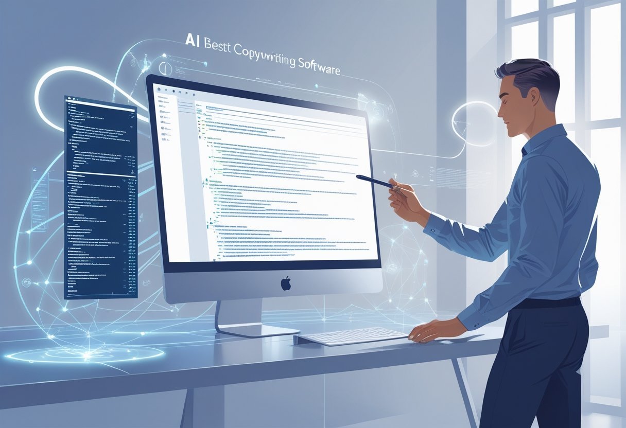 A person working at a modern computer with holographic AI elements around the screen in a clean office setting.