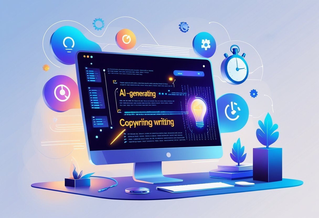 A digital workspace with a computer screen showing glowing abstract text and icons representing creativity, speed, accuracy, and versatility around it.