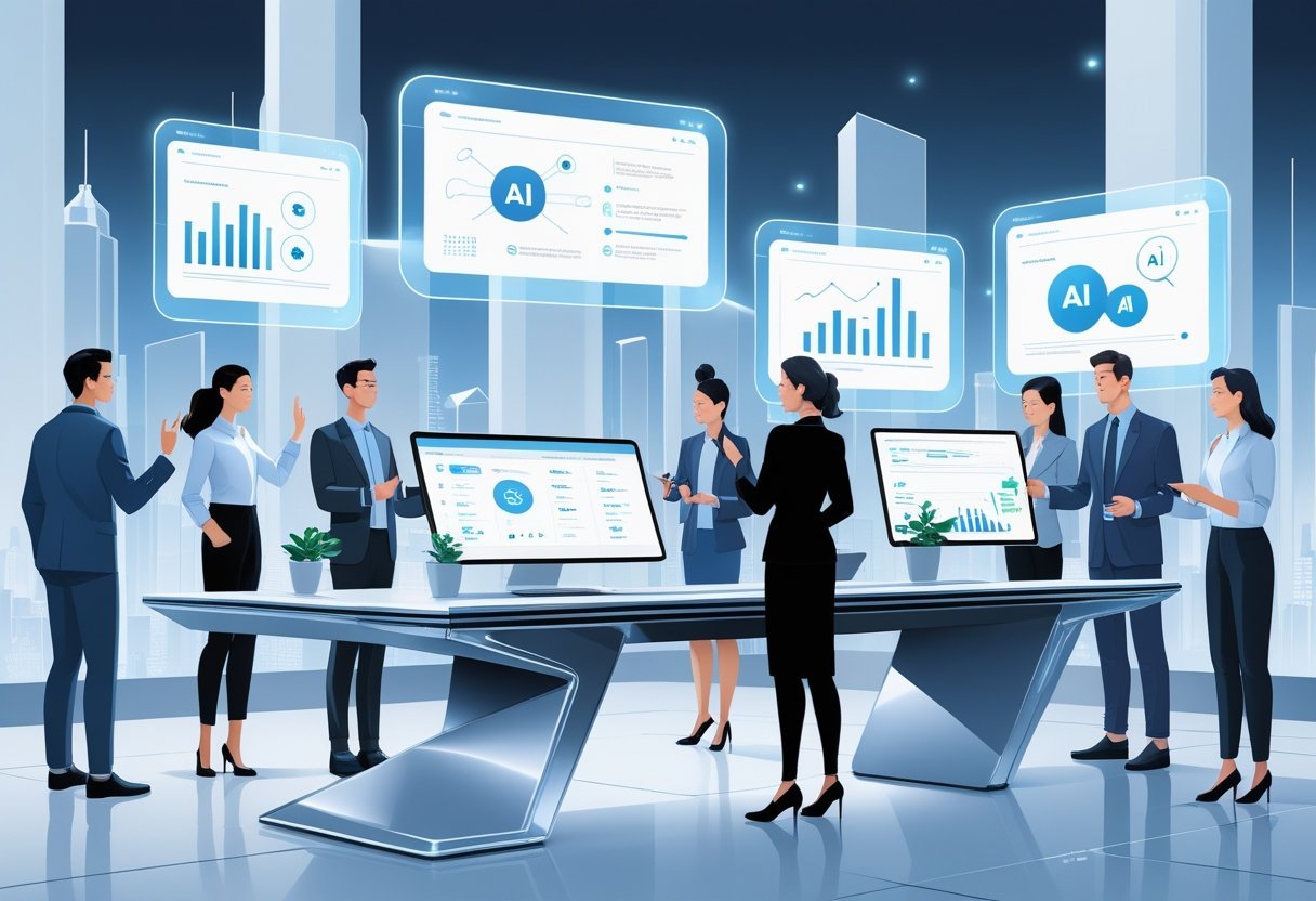 A futuristic workspace with professionals interacting with holographic screens displaying AI and software-related visuals.