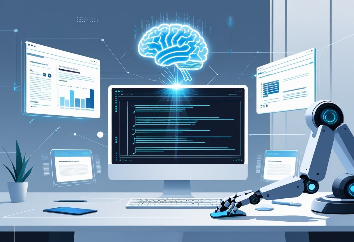 A futuristic workspace with a computer and a glowing AI brain icon above it, holographic screens showing blog content, and a robotic arm typing on a keyboard.