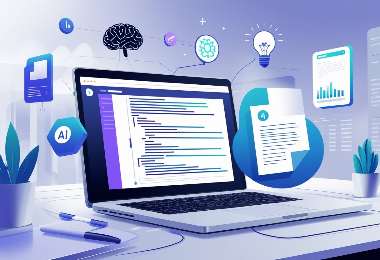 A modern workspace with a laptop showing a blog post and code, surrounded by digital icons representing AI and content creation.