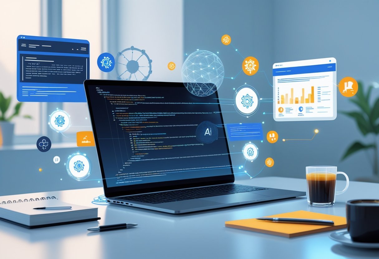 A modern workspace with a laptop surrounded by digital icons and holographic screens representing AI tools for writing blogs.