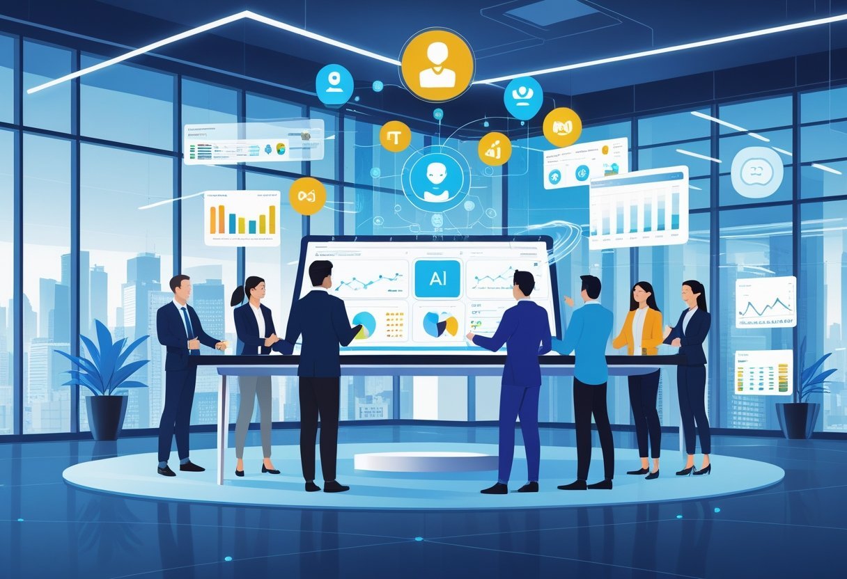Business professionals collaborating around a digital table with holographic AI assistant icons and data charts in a modern office.