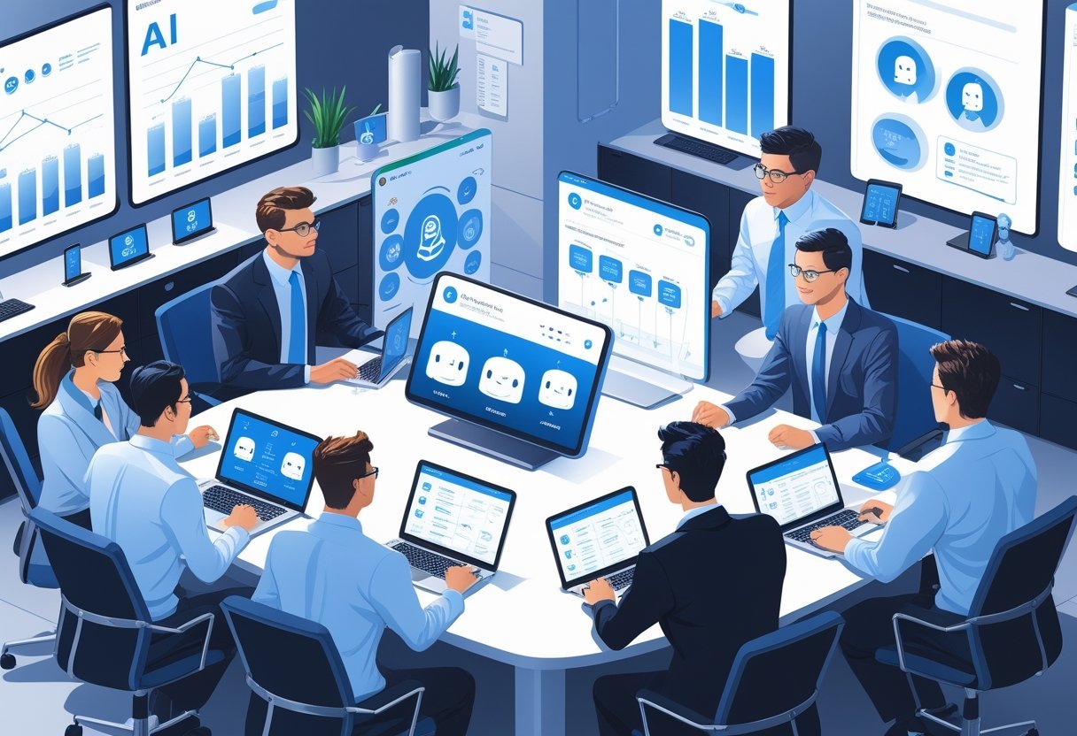 A group of professionals in a modern office discussing and comparing different AI chatbot interfaces displayed on digital devices around a conference table.