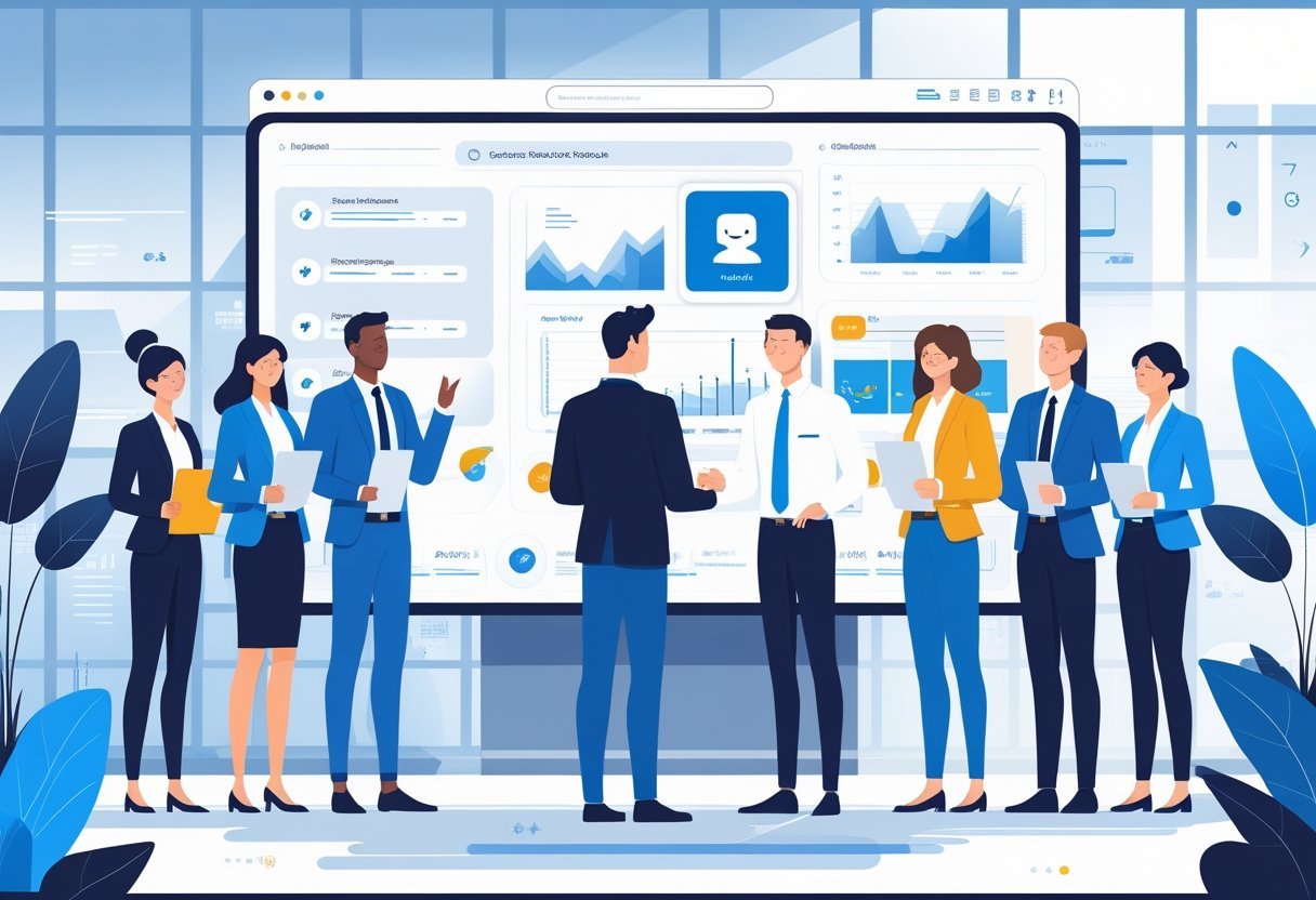 Business professionals gathered around a digital table comparing various AI chatbot options in a modern office setting.