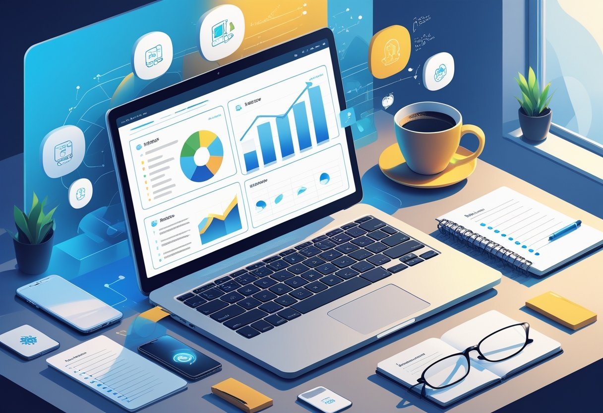 A workspace with a laptop showing a digital dashboard, a coffee cup, smartphone, notebook, and glasses on a desk.