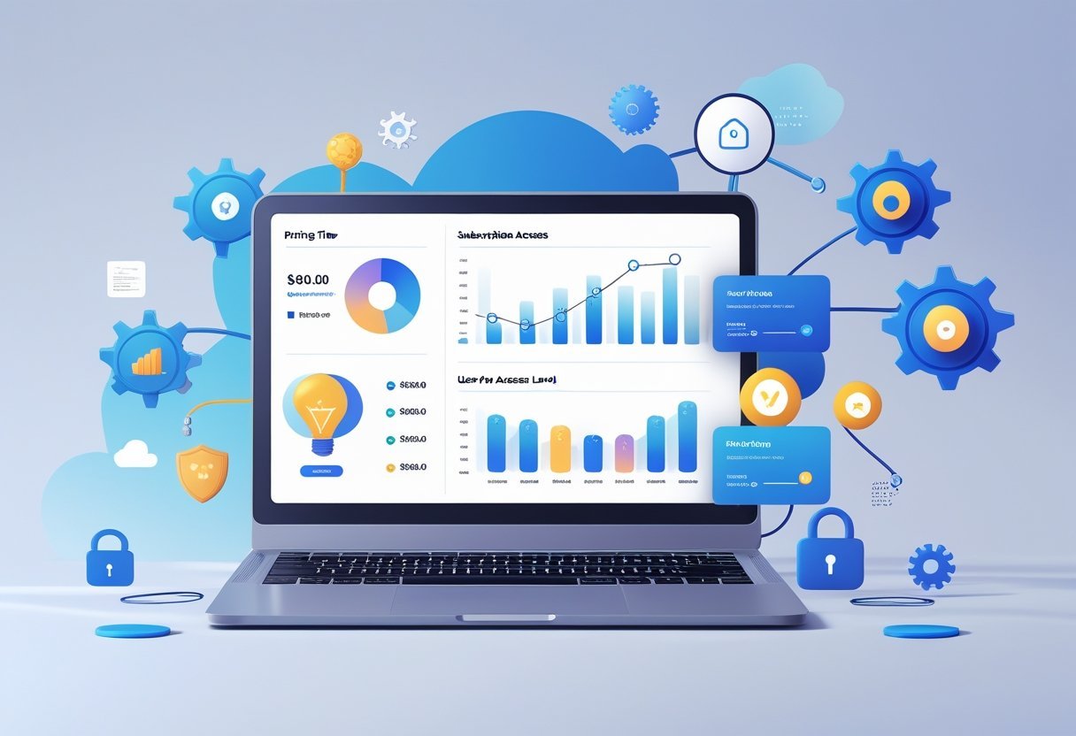 A digital workspace with a laptop showing graphs and icons representing pricing plans, user access, and AI technology.