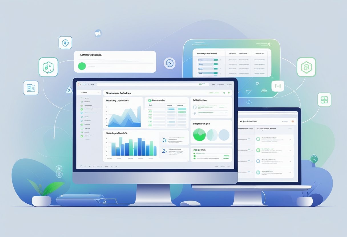 A digital workspace with a desktop and laptop showing organized dashboards and AI features, surrounded by floating icons representing automation and smart task management.
