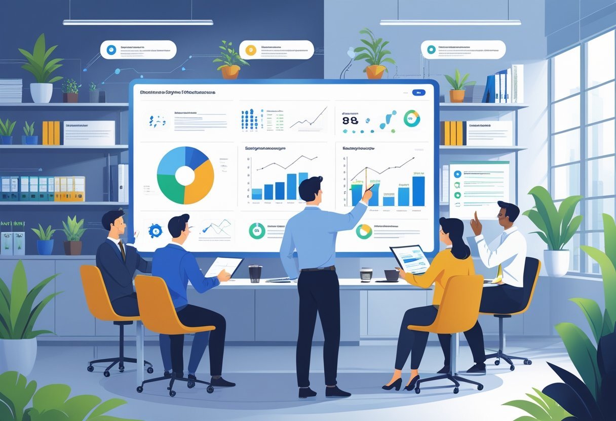 A group of business professionals collaborating around a table with a digital screen showing charts and graphs in a bright office.