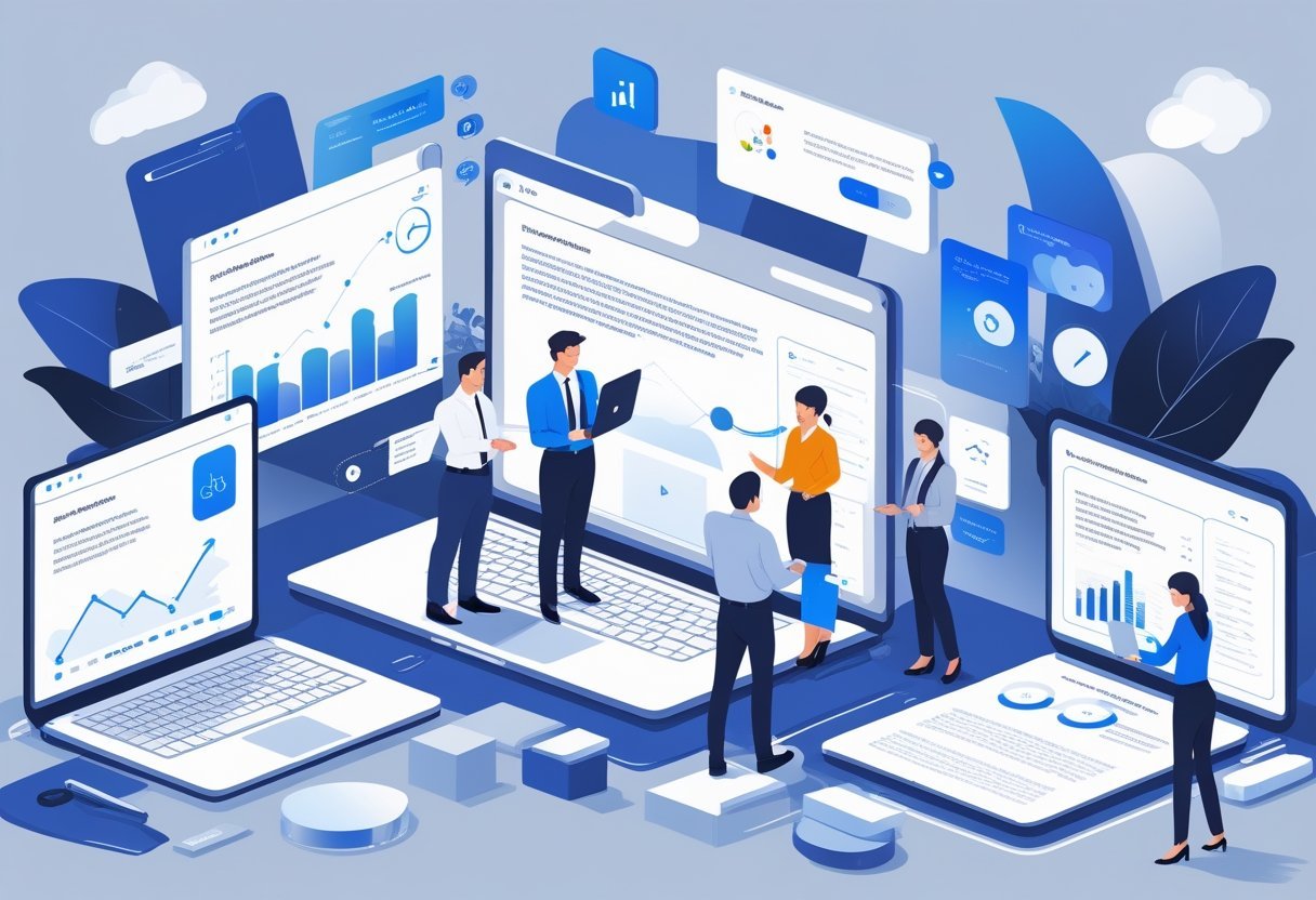 Business professionals working together in an office with laptops and digital tools highlighting writing assistance features.