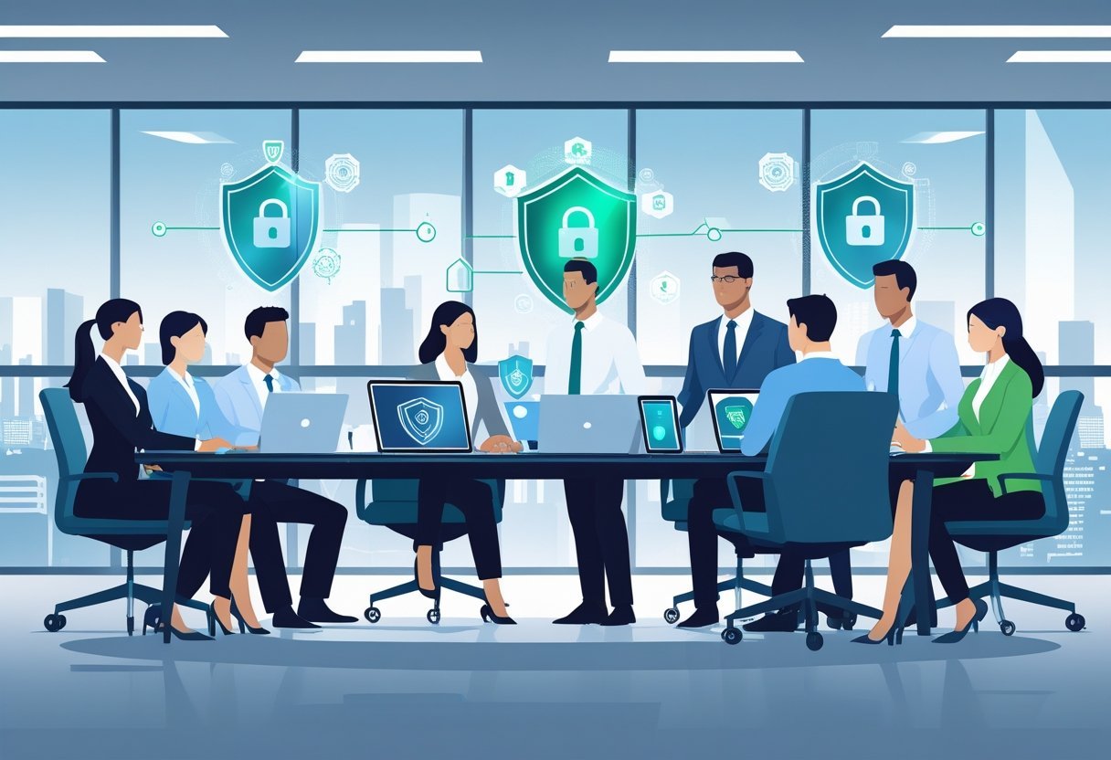 Business professionals collaborating in an office with digital devices and security icons representing custom administration and cybersecurity.