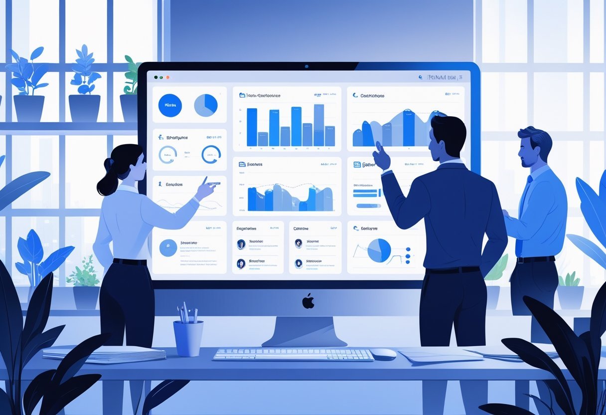 Office workspace with professionals reviewing a digital dashboard showing customer data and charts on a computer screen.
