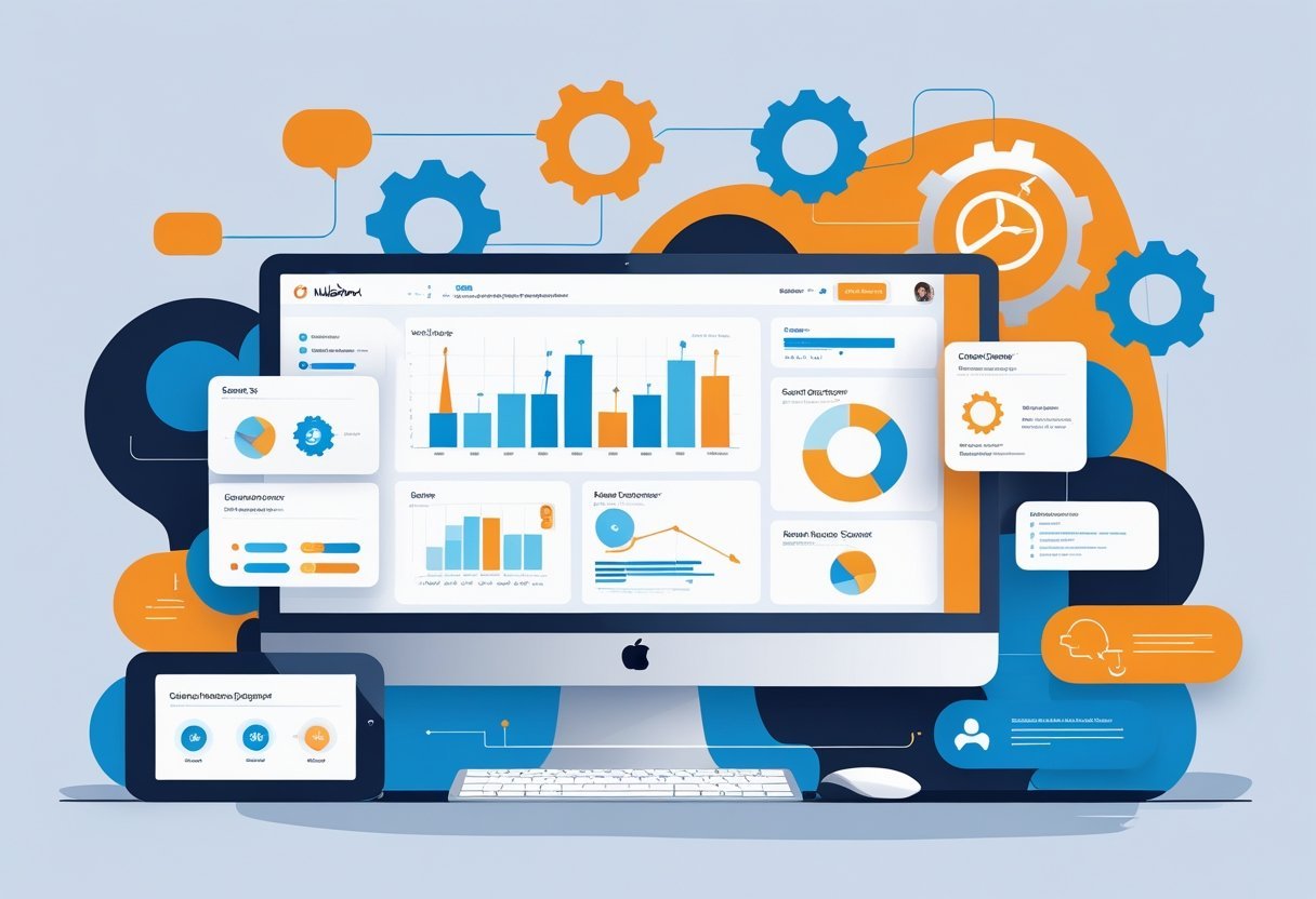 A modern workspace with a computer showing charts and icons representing customer relationship management and business workflows.