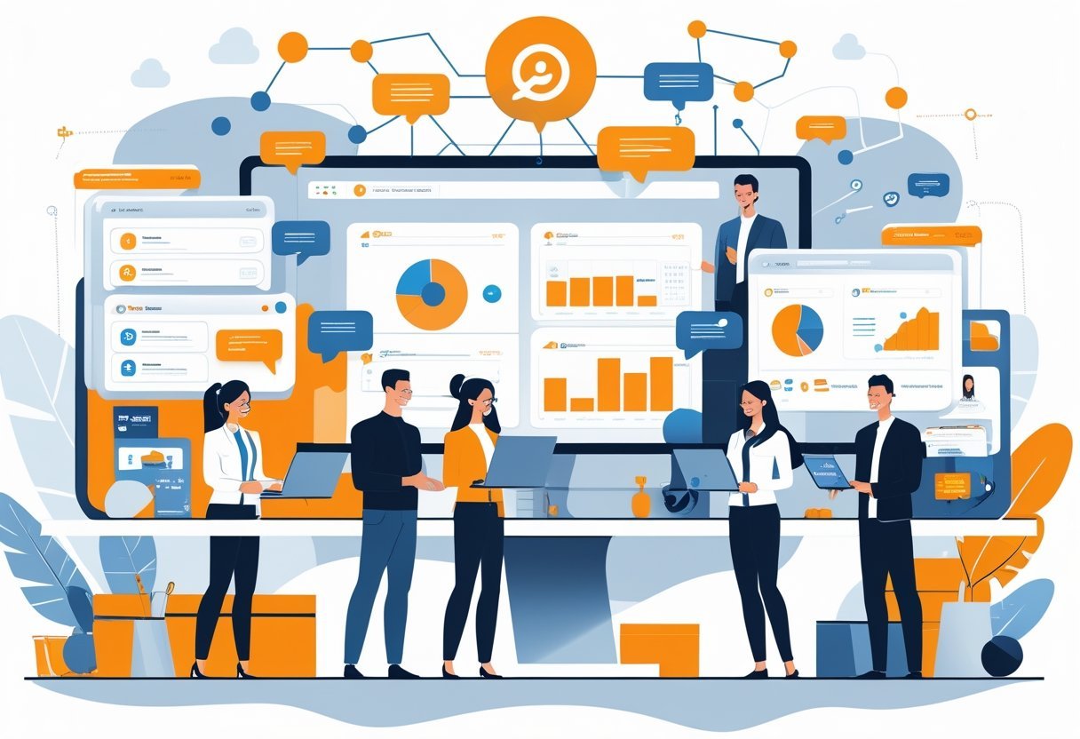 A diverse team of customer support agents working with laptops and tablets in a bright office, interacting with digital customer data and communication icons.