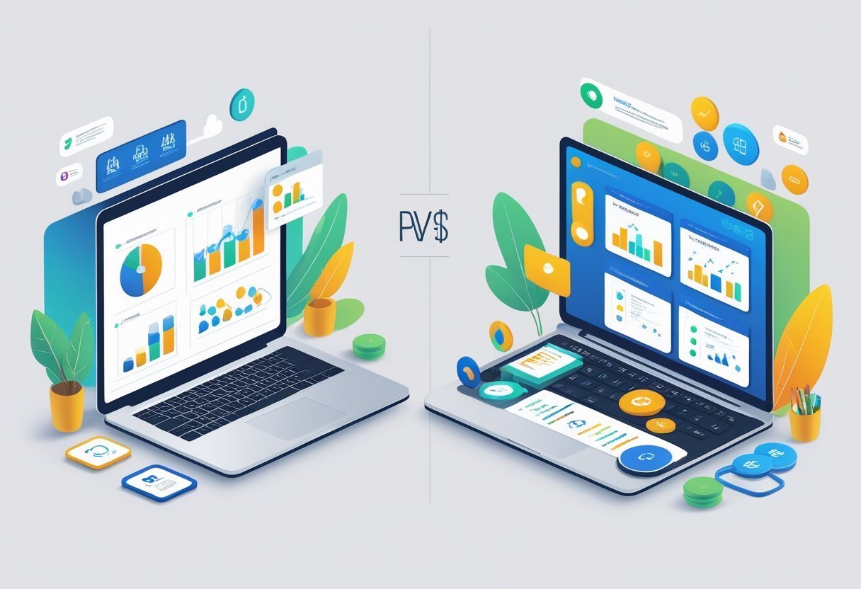 Two side-by-side workspaces showing a basic setup on the left and a more advanced, multi-screen setup on the right to represent free versus paid software versions.