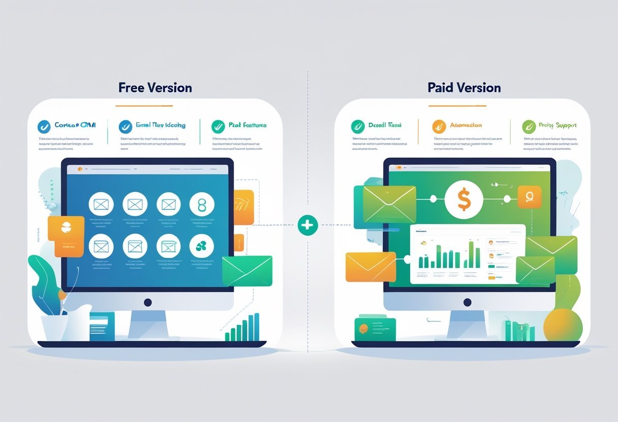An illustration comparing basic CRM features on the left with advanced CRM features on the right, showing icons representing different tools and capabilities for free and paid versions.
