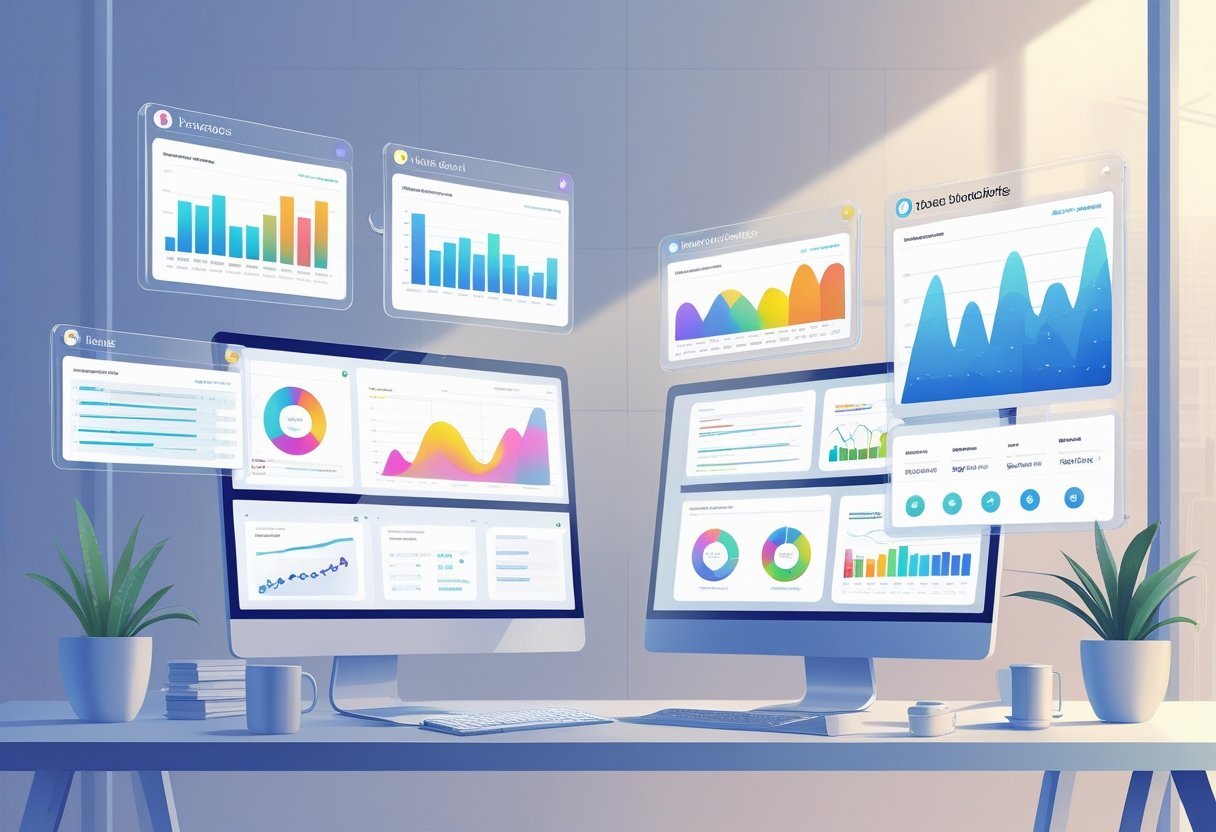 An office scene showing floating digital screens with charts and graphs comparing basic and advanced analytics features side by side.