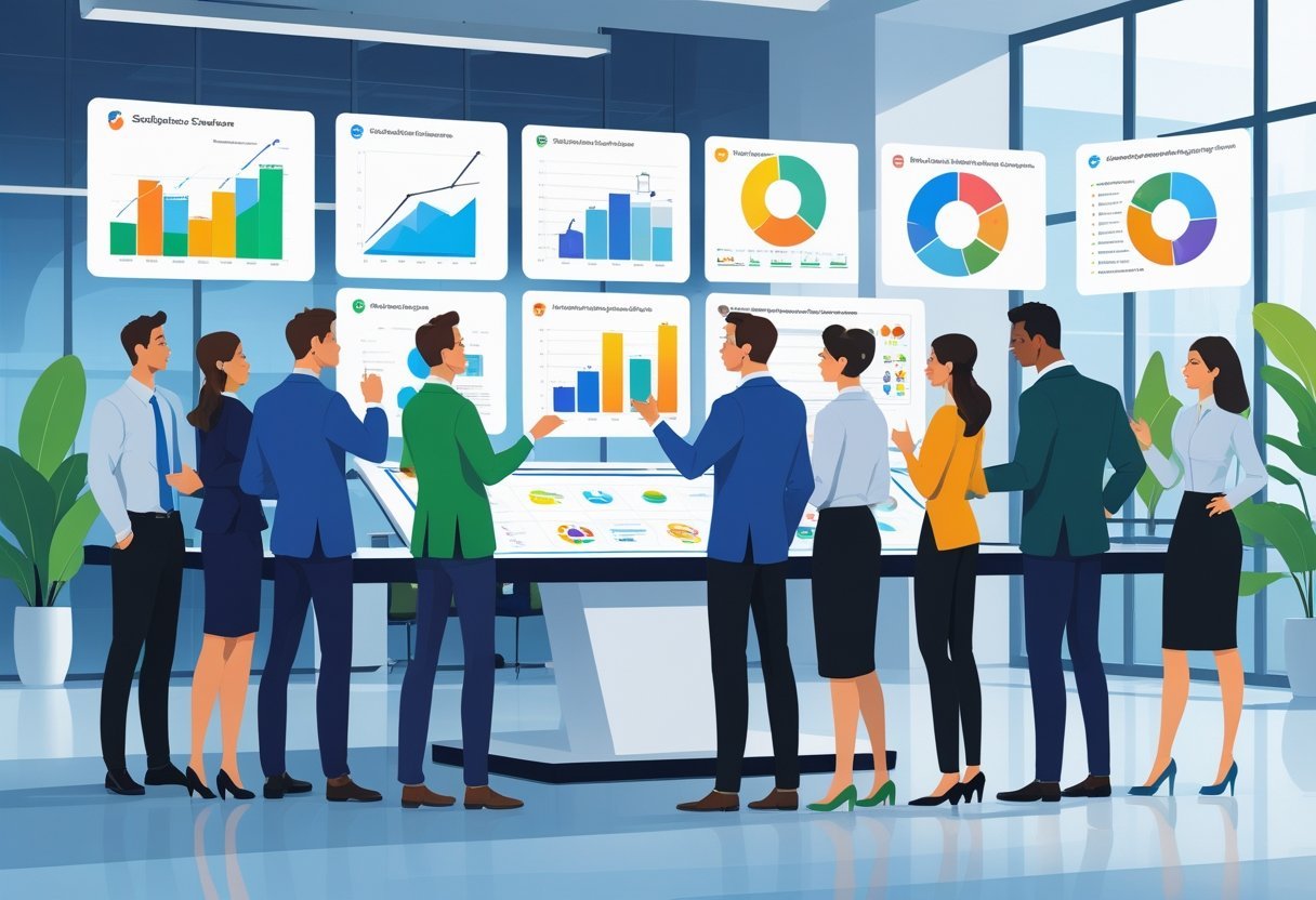 A group of business professionals collaborating around a digital touchscreen table displaying charts and icons representing various CRM software options in a modern office.