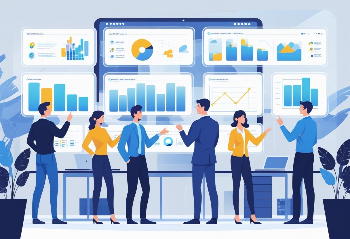 People in a modern office examining digital screens displaying various software options and charts.