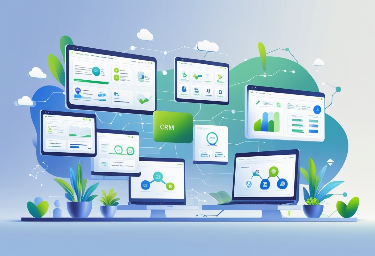 Illustration of multiple digital CRM platform interfaces connected by lines, representing various sales and customer management tools in a modern workspace.