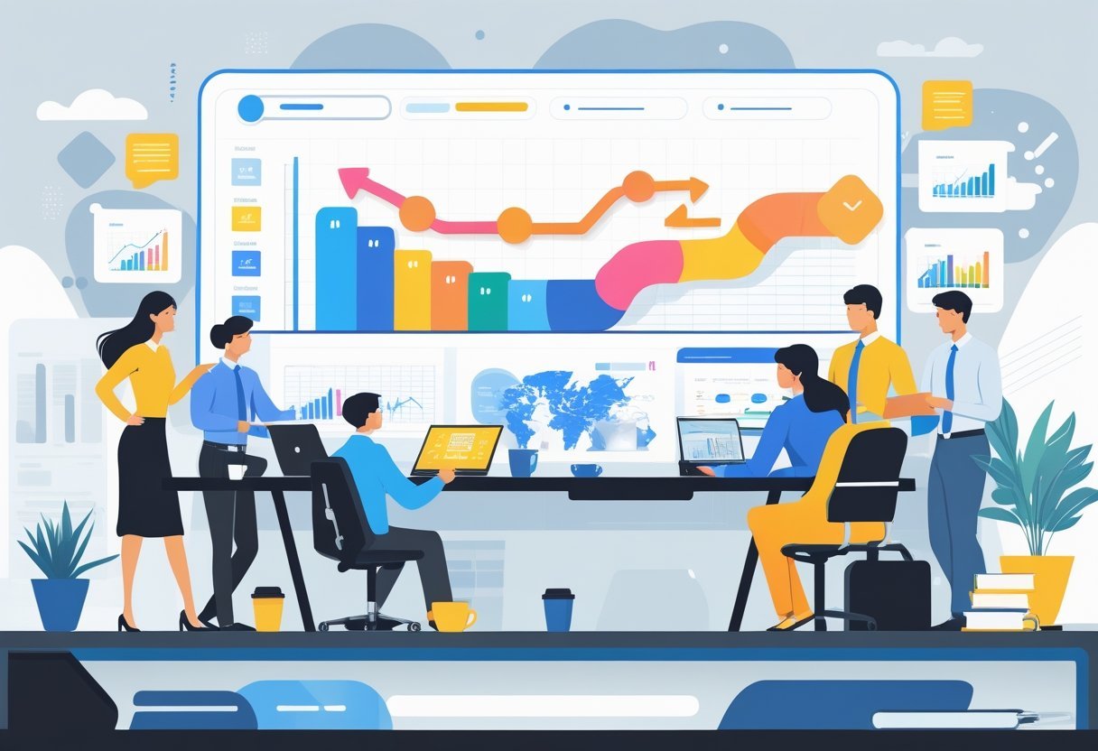 A group of business professionals collaborating around a desk with digital screens showing sales pipeline charts in a modern office setting.