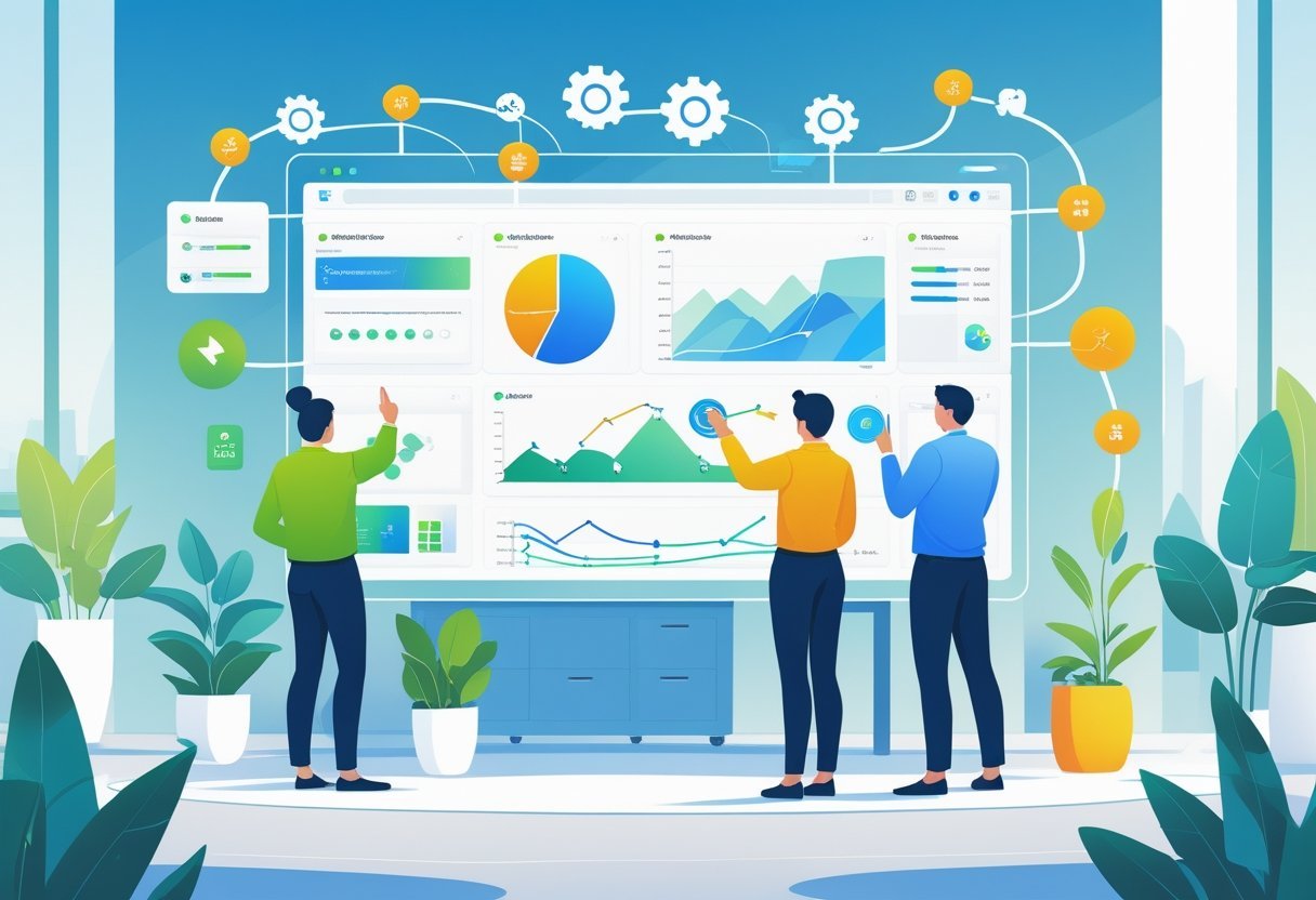 A group of professionals interacting with a large digital dashboard in a modern office, adjusting customizable modules and settings.