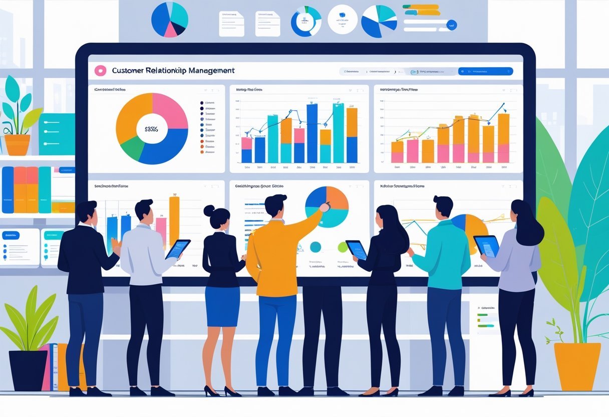 A group of professionals reviewing data and charts on a large digital dashboard in an office setting.