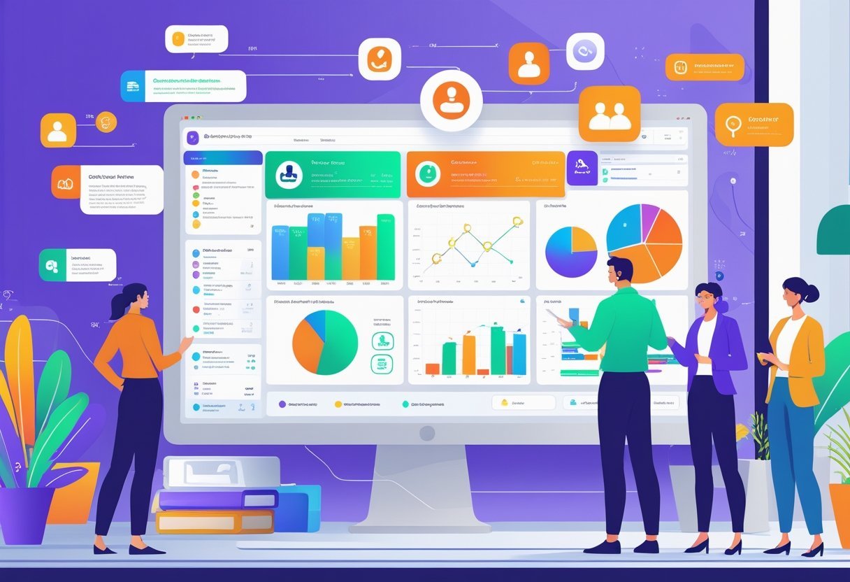 An office scene showing a computer screen with a CRM dashboard and diverse professionals collaborating around it.