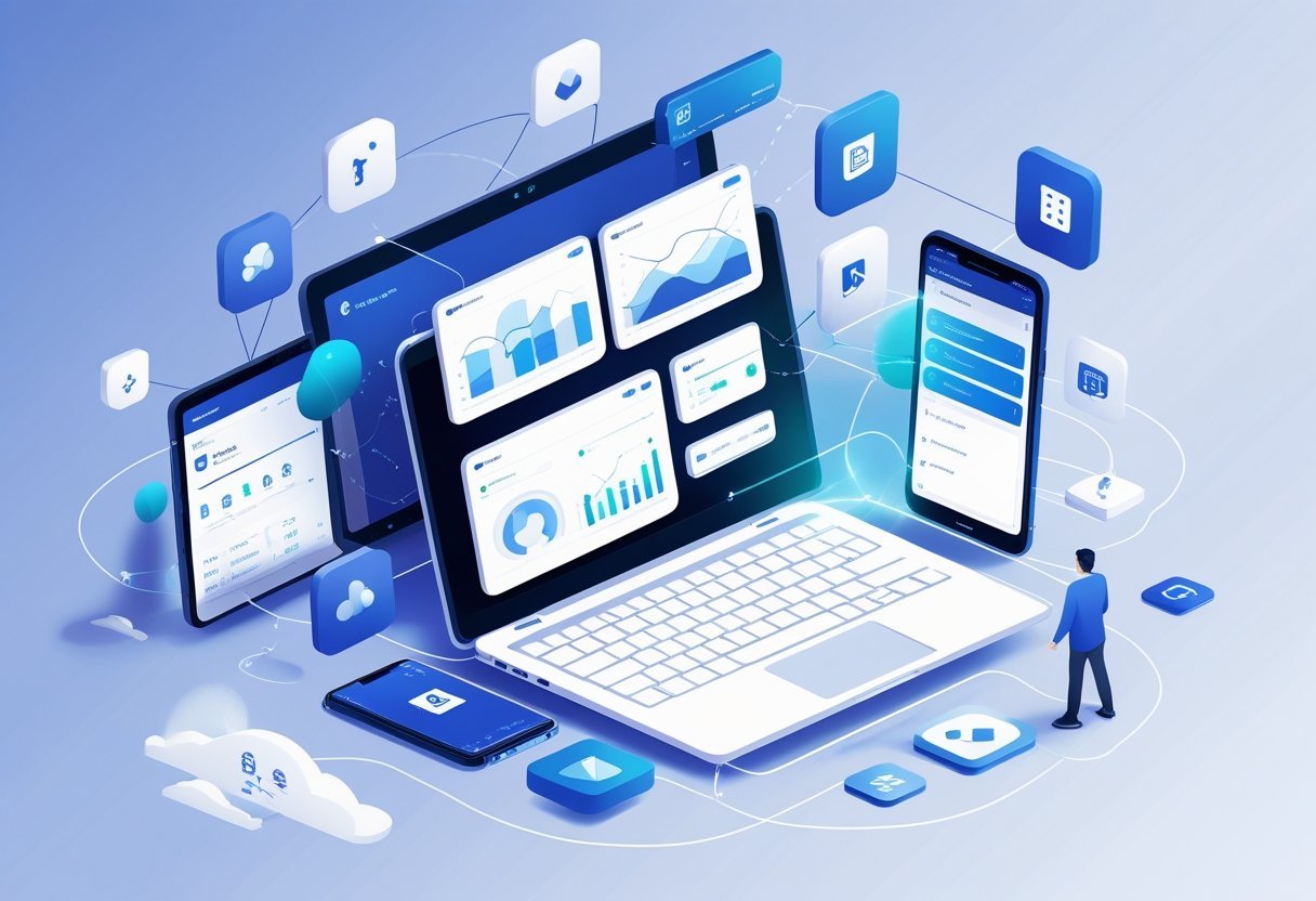 A digital workspace showing interconnected devices and floating icons representing software tools connected by glowing lines to illustrate integration and compatibility.