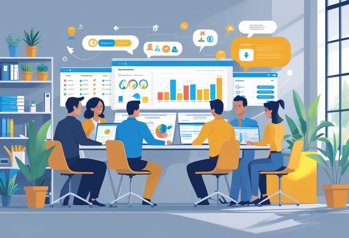 A small business team working together in an office with laptops showing colorful CRM dashboards, surrounded by plants and office supplies.