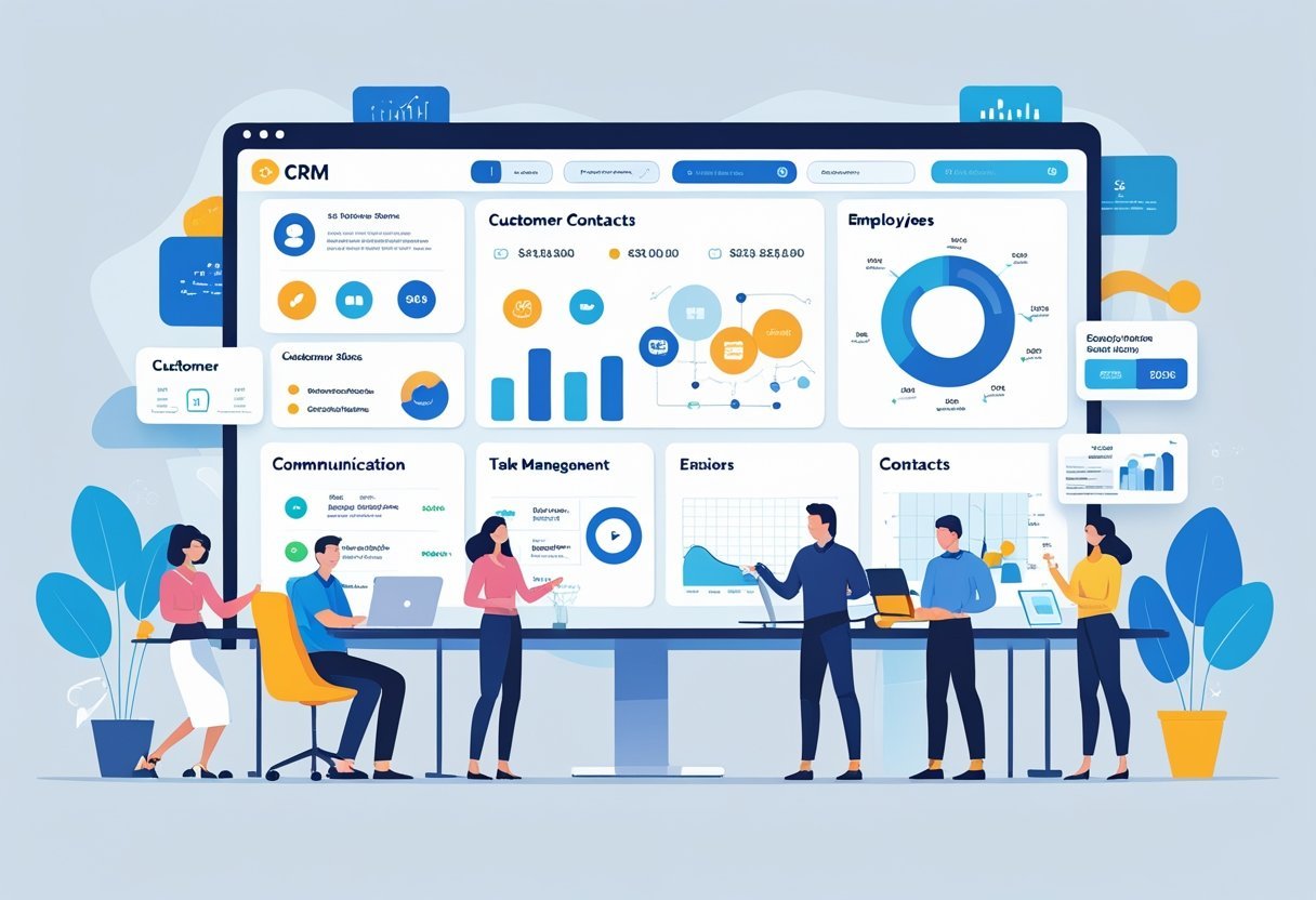 A group of small business people working together around a digital dashboard showing CRM tools and charts in a modern office setting.