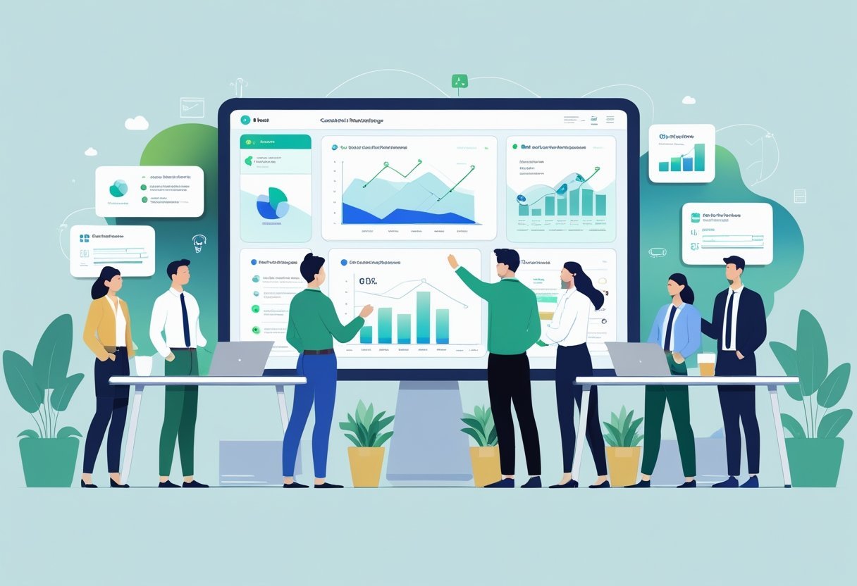 A group of small business professionals working together around a digital touchscreen displaying charts and contact management icons in a modern office setting.