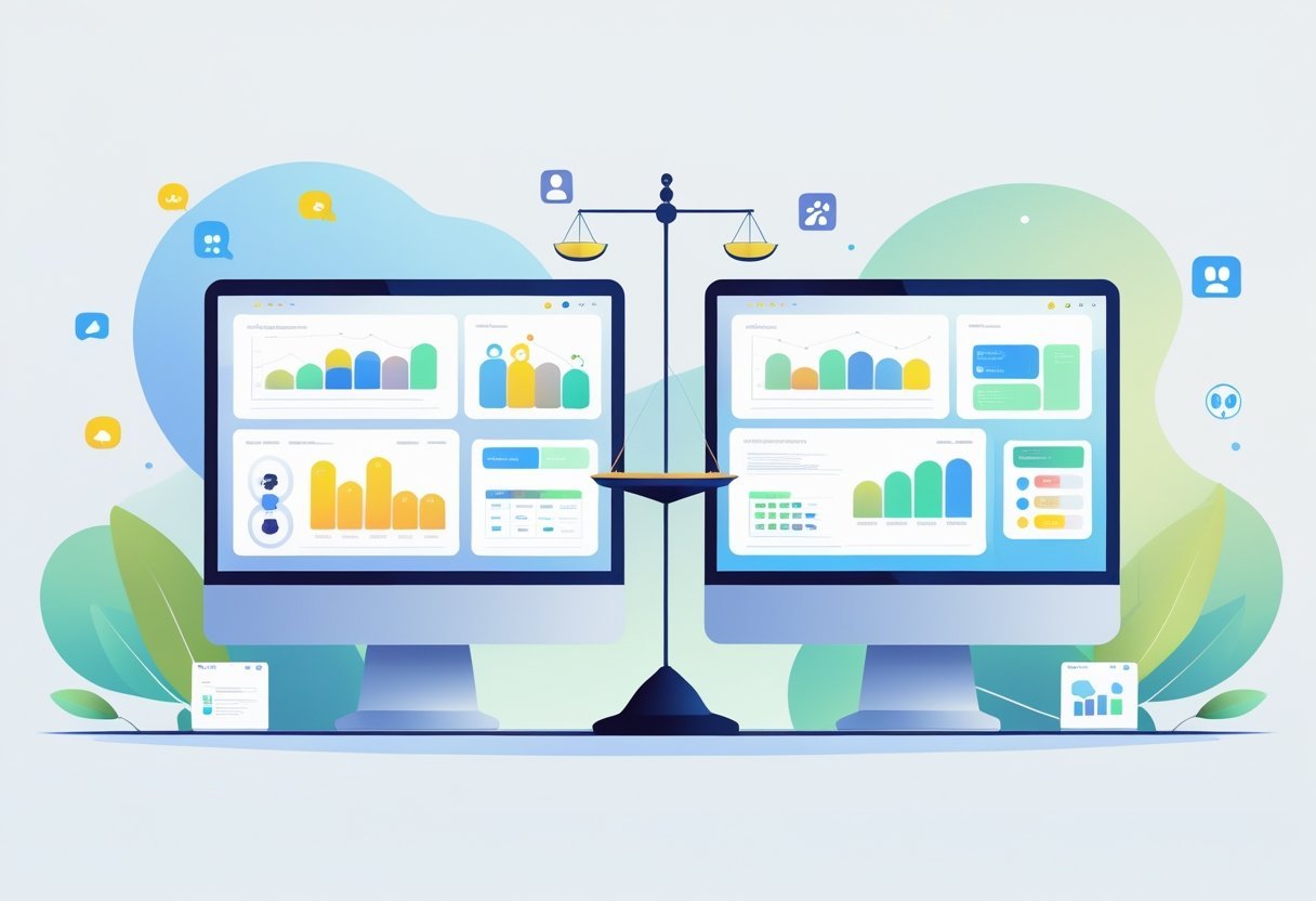 Three computer screens side by side showing different CRM software dashboards with charts and icons, and a balanced scale between them representing comparison.