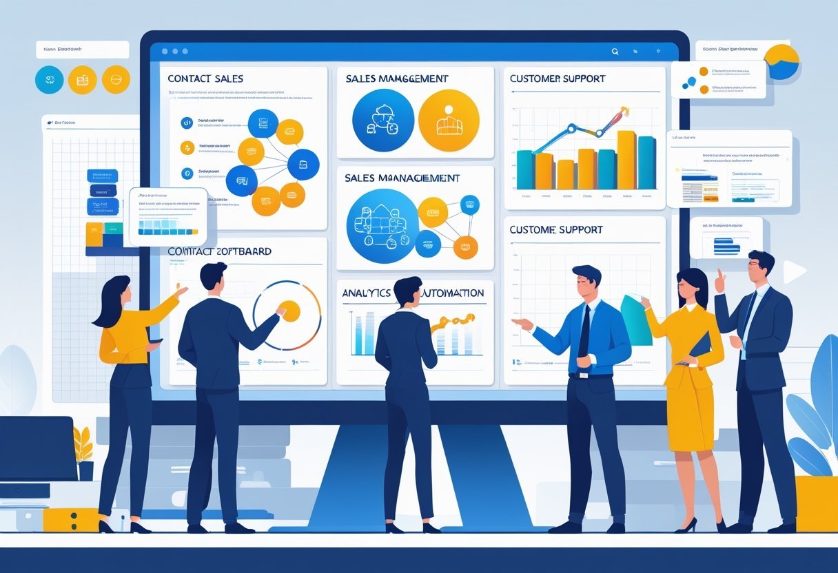 A group of professionals in an office reviewing a large digital dashboard showing interconnected icons and graphs representing core CRM features.