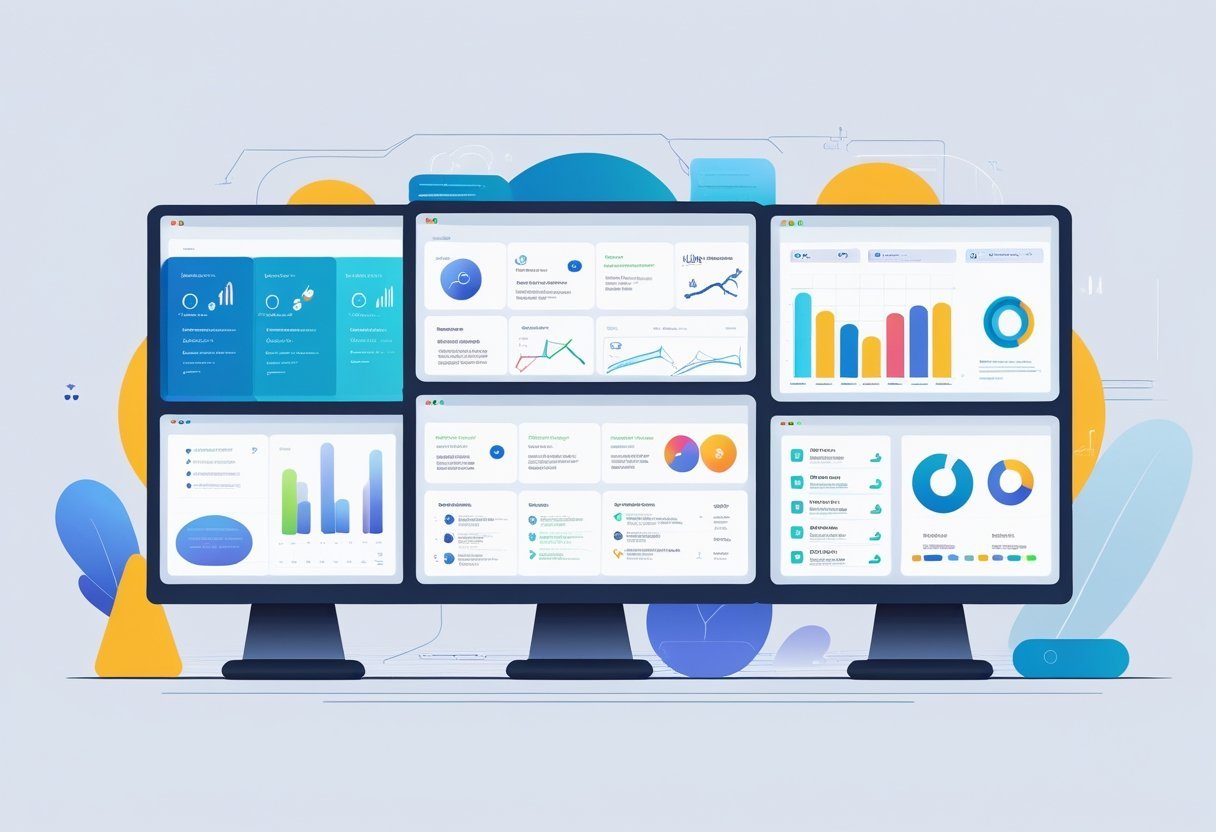 Illustration showing multiple digital screens side by side displaying different customer relationship management software features and analytics dashboards.