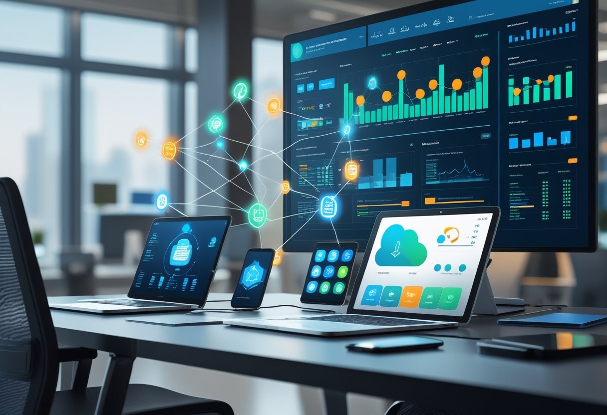 A modern office workspace showing interconnected digital devices and a large screen with graphs and charts representing software integration and data connectivity.