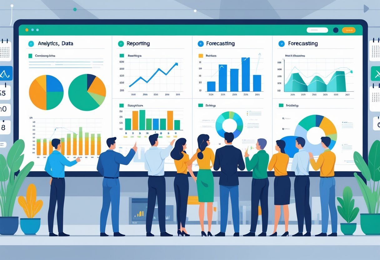 A group of business professionals analyzing colorful charts and graphs on a large digital dashboard in an office setting.