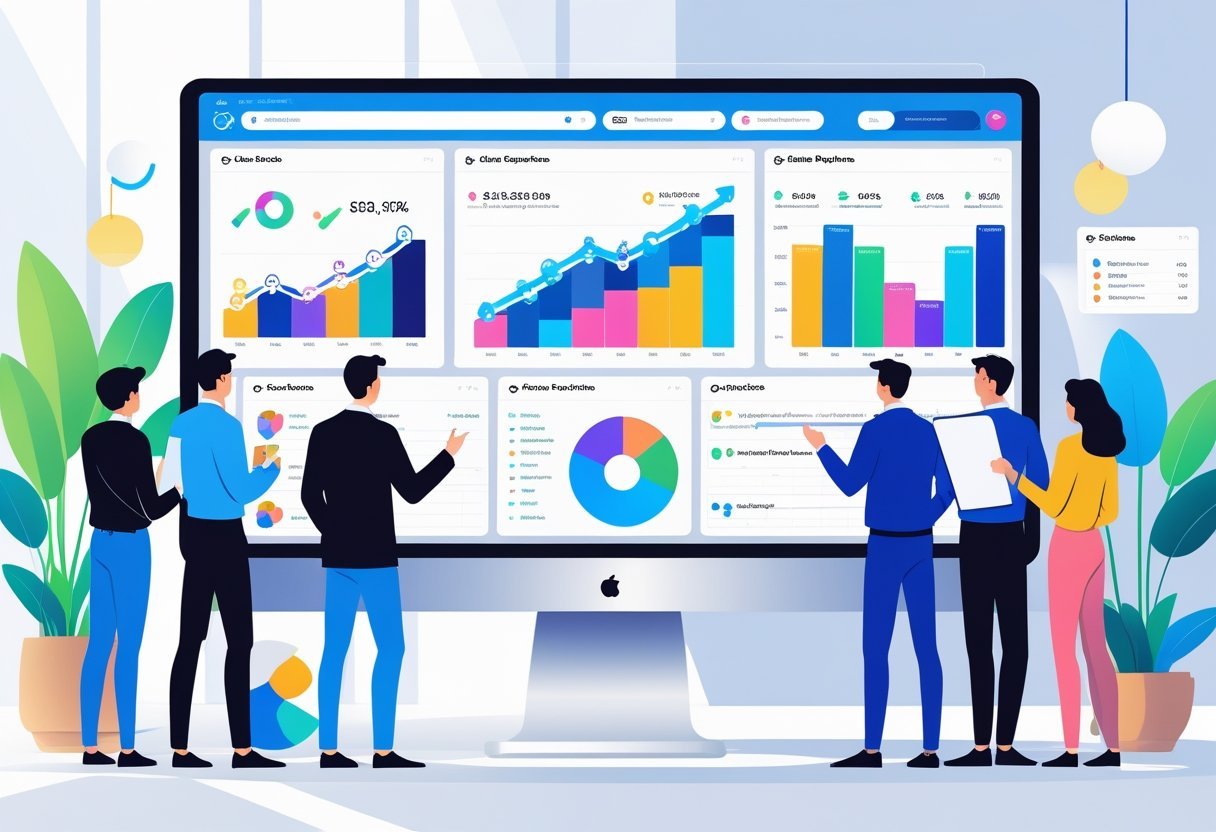 An office scene with people collaborating around a computer displaying a sales dashboard with charts and pipelines.