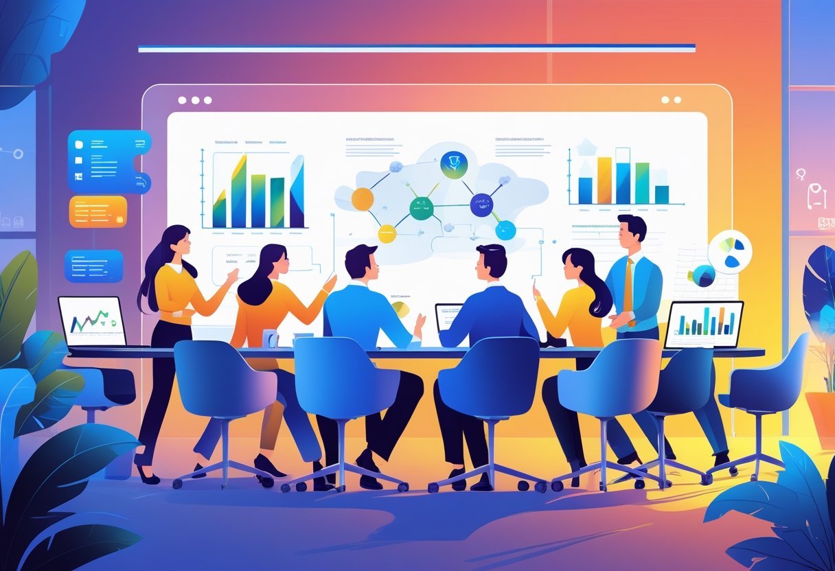 A group of diverse office workers collaborating around a table with laptops and digital devices, discussing sales data and teamwork in a modern workspace.