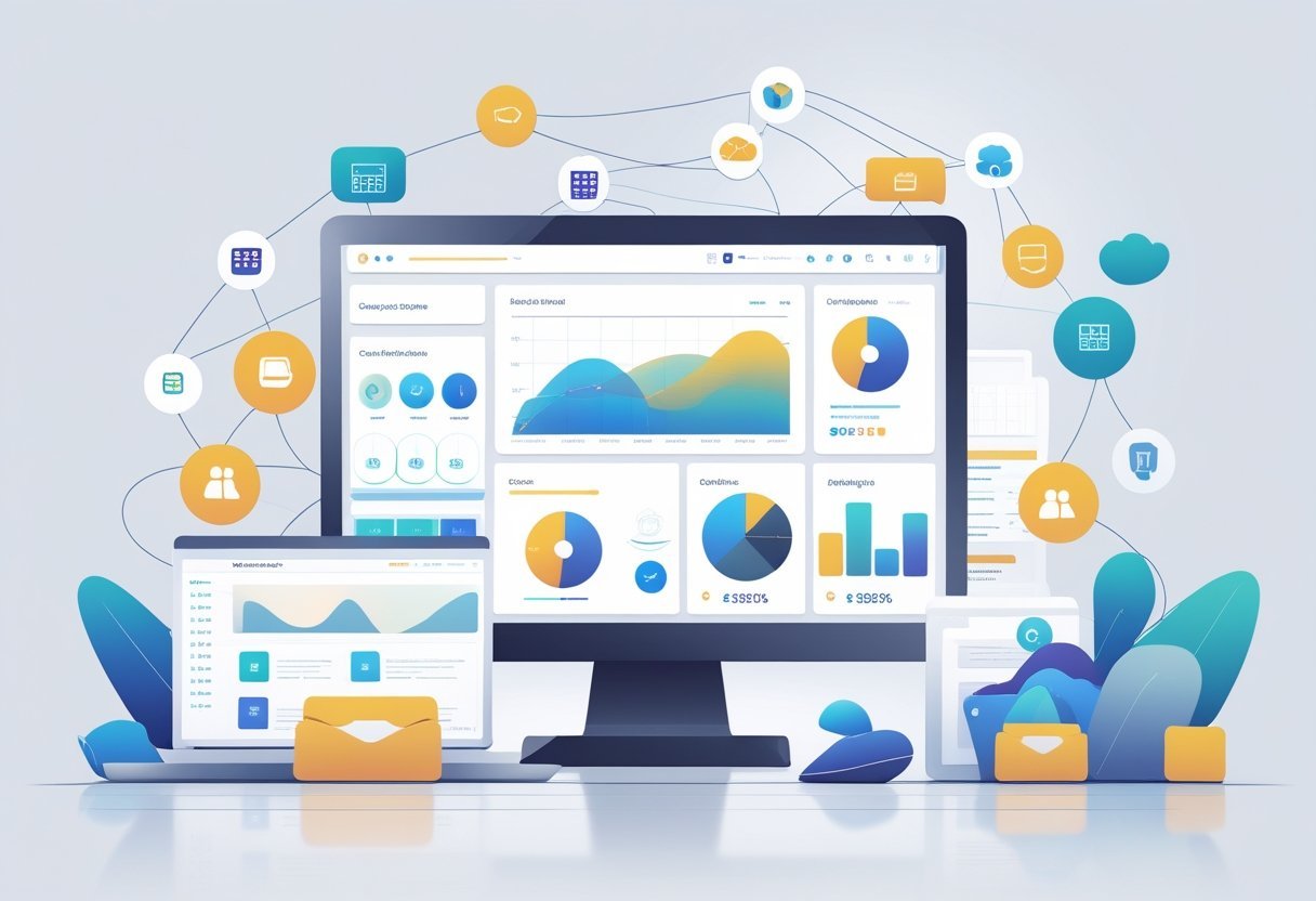 A workspace showing a computer screen with sales data dashboard and icons representing various software integrations connected around it.