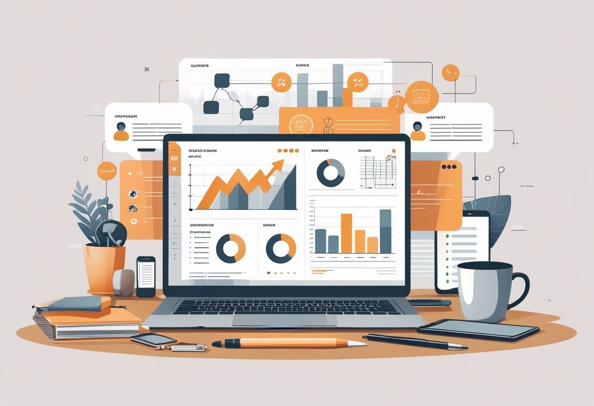 A modern office desk with a laptop showing charts, surrounded by office supplies and icons representing communication and workflow.