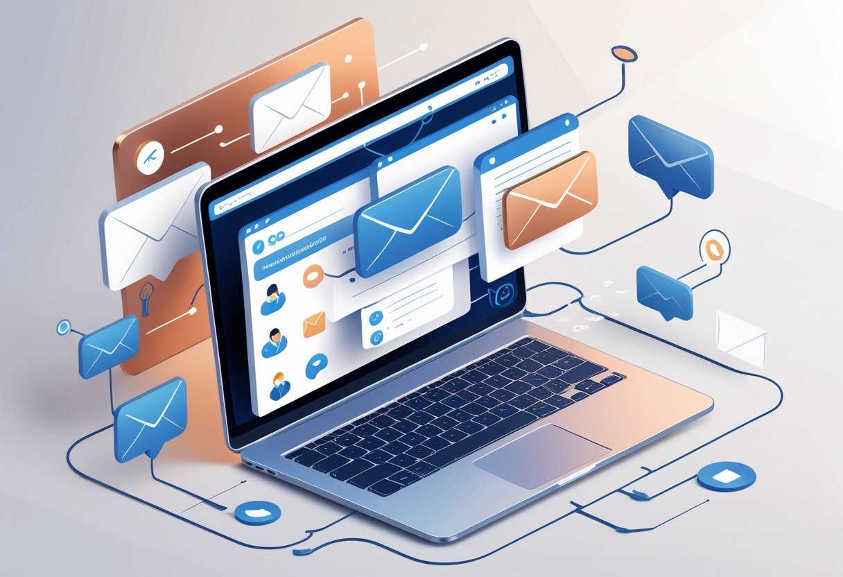 An office workspace with a laptop showing icons for email, messaging, and customer relationship management surrounded by communication symbols.