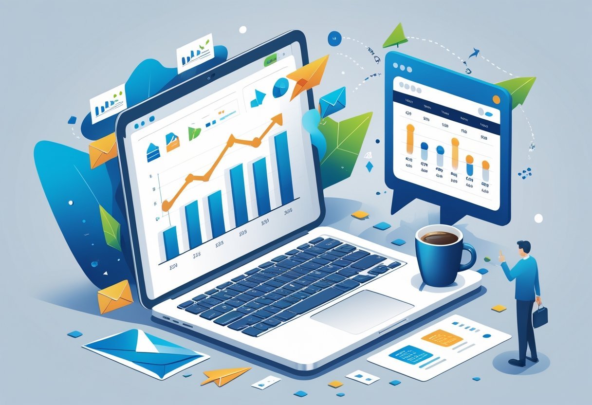 A person at a desk analyzing email marketing data on a laptop surrounded by icons representing communication and growth.
