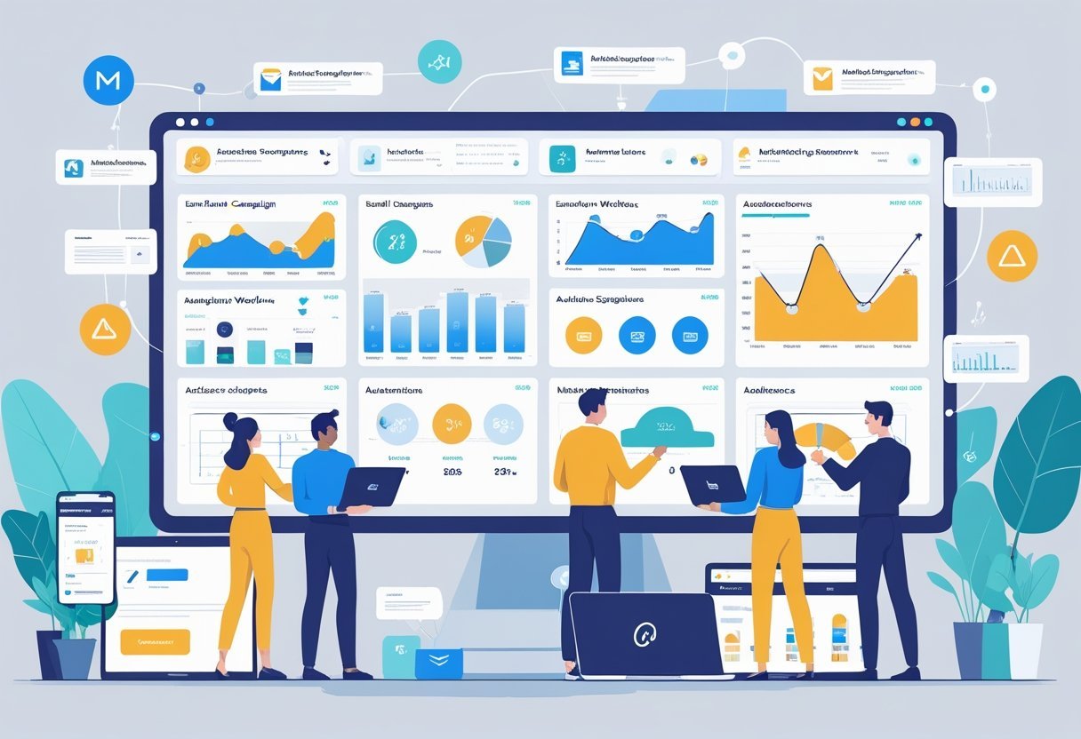 A group of people working together around a digital dashboard showing charts and email marketing visuals in a modern office.