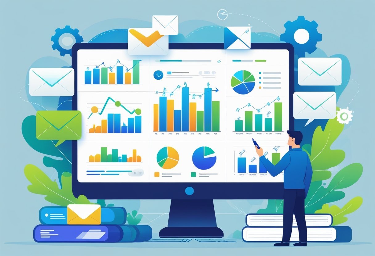 A person analyzing colorful charts and graphs on a computer screen surrounded by email marketing icons and symbols representing data and optimization.