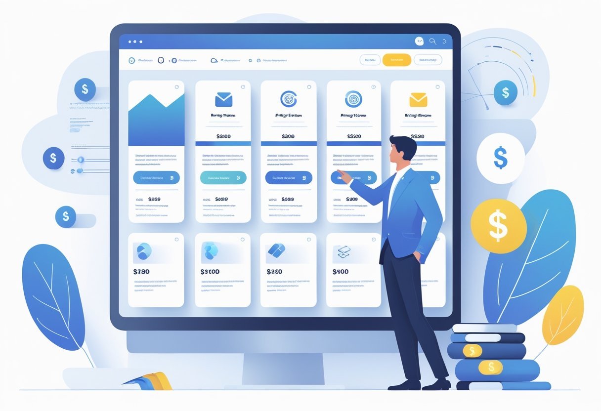 A business person interacting with a computer screen showing multiple pricing plan options represented by cards with icons and charts.