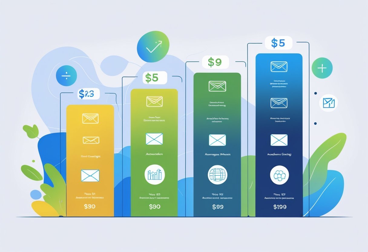 Illustration showing multiple columns representing different pricing plans with icons depicting various email marketing features and tools.