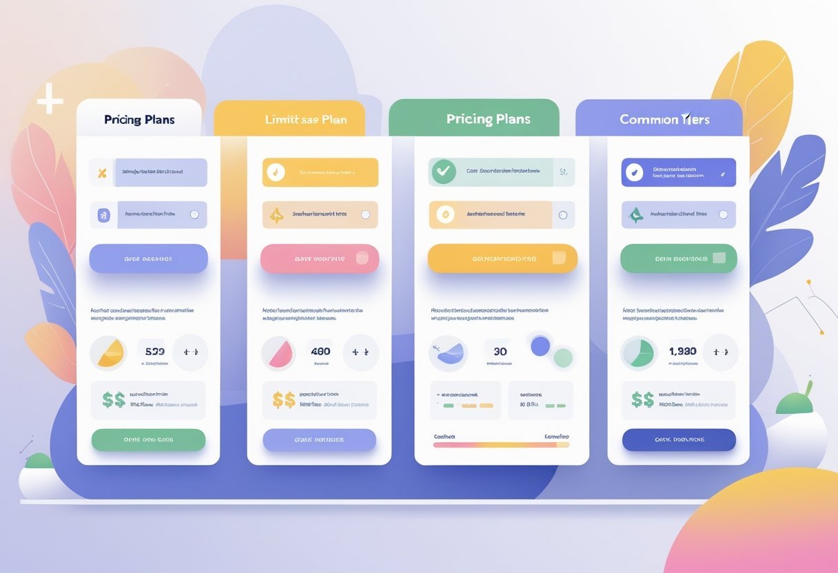 Illustration showing several comparison cards side by side, each representing different pricing plans with icons and visual indicators of limits and features.