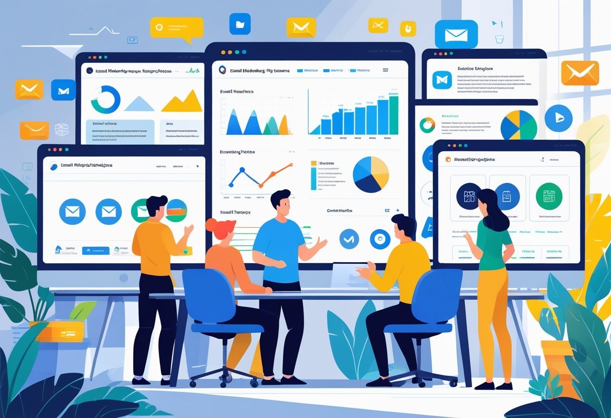 A group of people working together around digital screens displaying email marketing tools and analytics in a modern office setting.